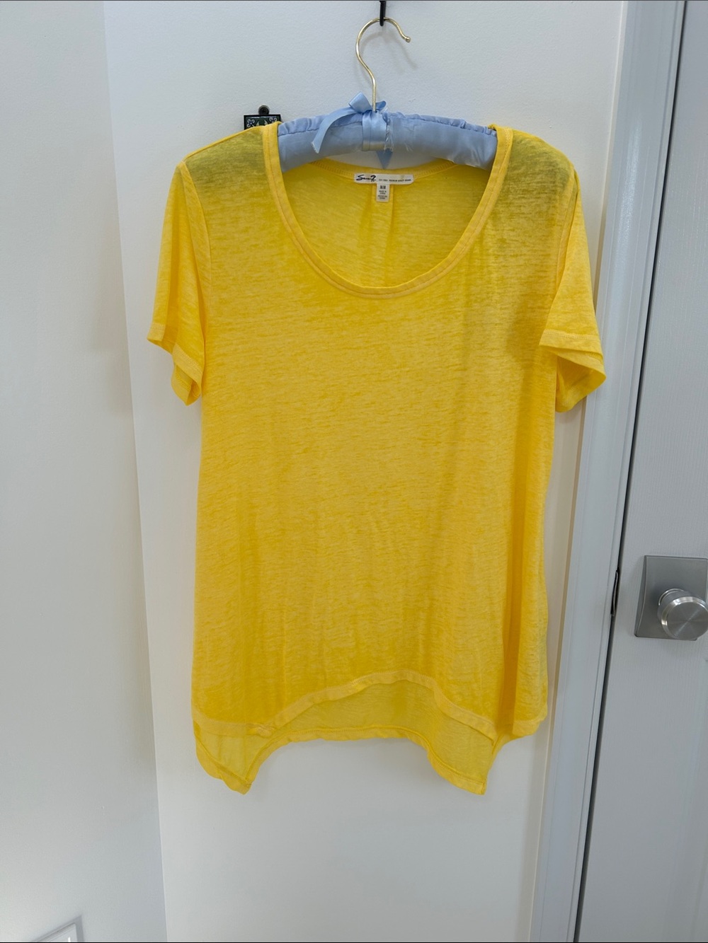 Seven7 Sheer Scoop Neck Short Sleeve Tee in Yellow